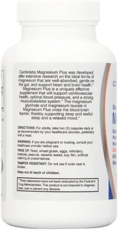 CardioTabs, Magnesium Plus – 200 mg of Magnesium Glycinate and Magnesium Taurate for Blood Pressure, Heart, Brain, Sleep & Mood Support – Highly Concentrated and Well Absorbed - 120 Capsules