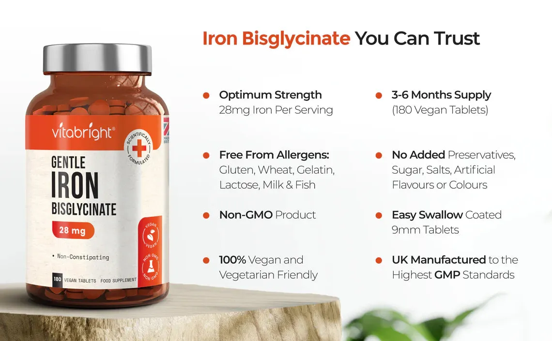 Iron Tablets High Strength, 28mg - Gentle Iron Bisglycinate - 180 Vegan Tablets