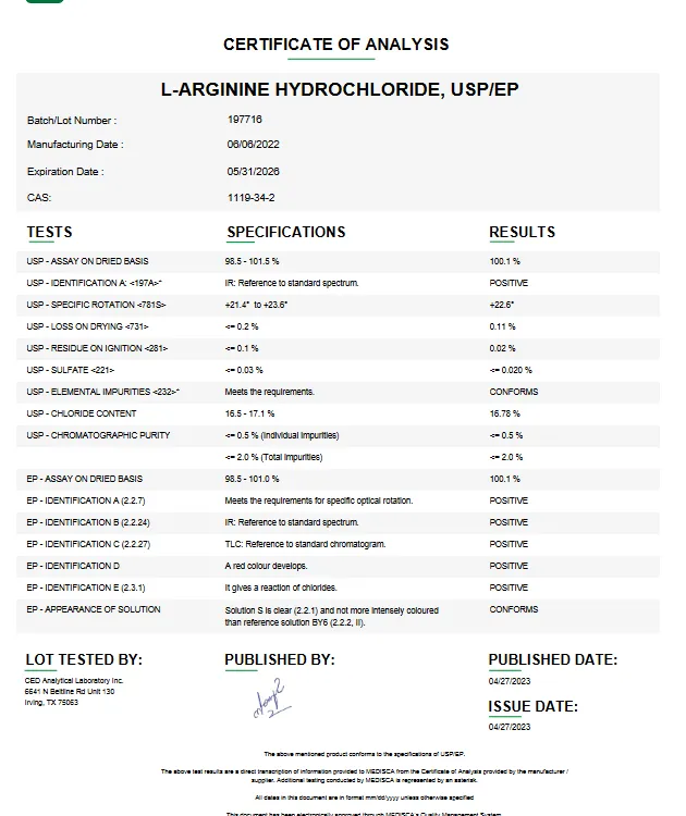 L-Arginine USP Amino Acid For Compounding (API)