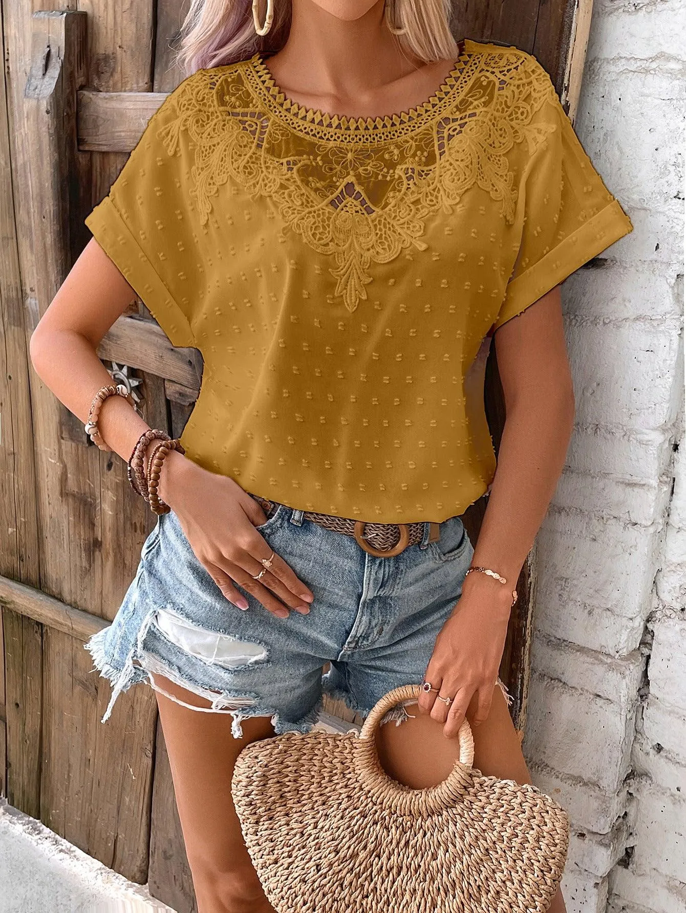 Lace Ruffled Short Sleeves T-shirt Loose All-matching Top