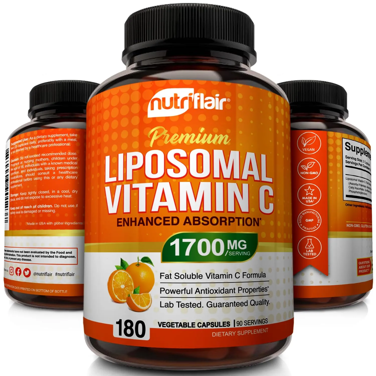 NutriFlair Liposomal Vitamin C 1700mg, 180 Capsules - High Absorption, Fat Soluble VIT C, Antioxidant Supplement, Higher Bioavailability Immune System Support & Collagen Booster, Non-GMO, Vegan Pills