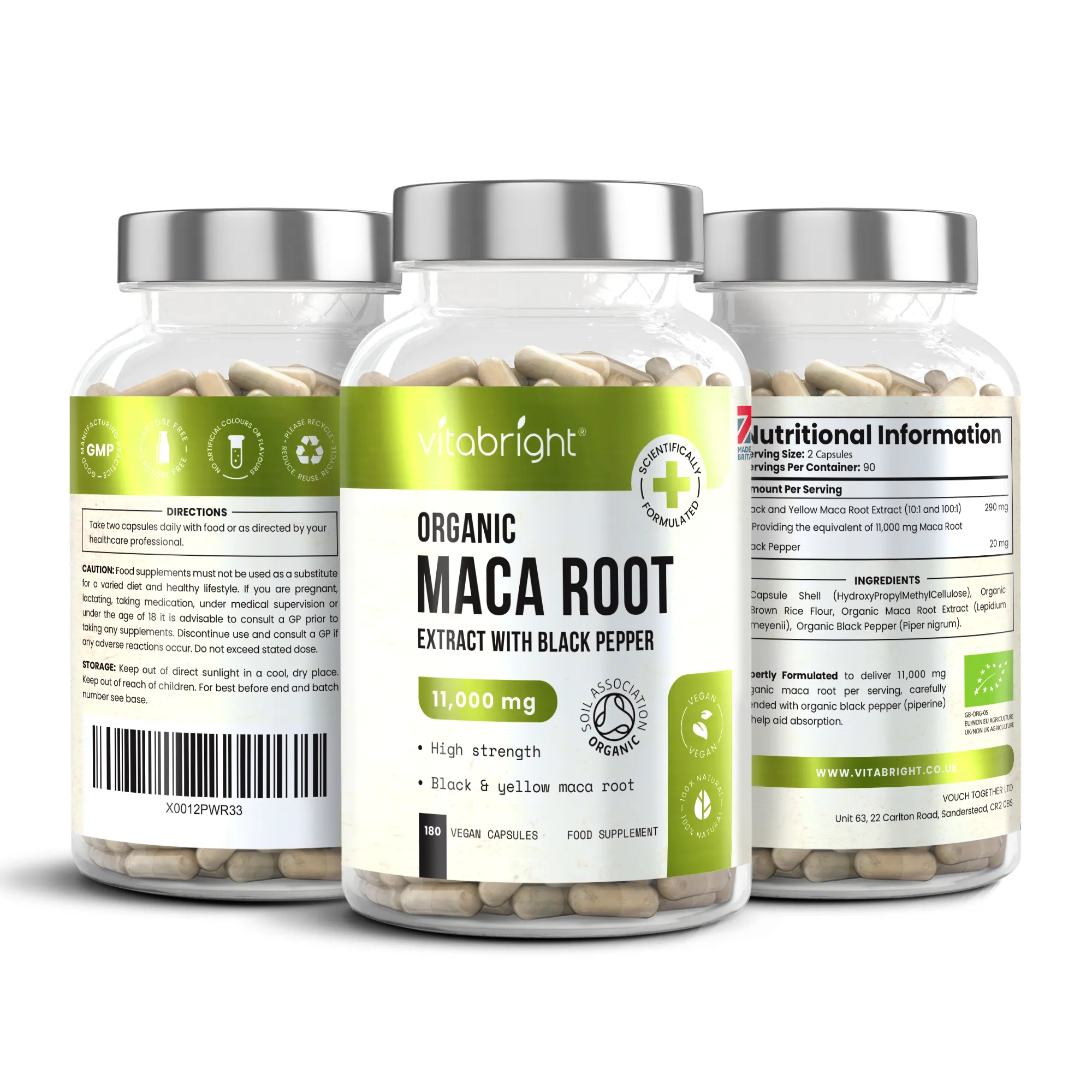Organic Maca Root 11,000mg with Black Pepper, 180 Vegan Capsules, 3 Month Supply