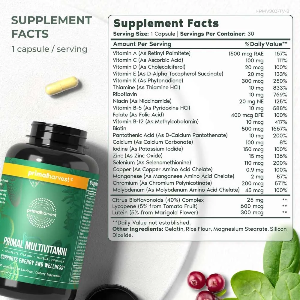 Primal Harvest 2 Pack, Multivitamin for Women and Men Vitamin A, Vitamin C, Vitamin D and E, Vitamin B12, B6, Biotin, Zinc Supplements, 30 Capsules