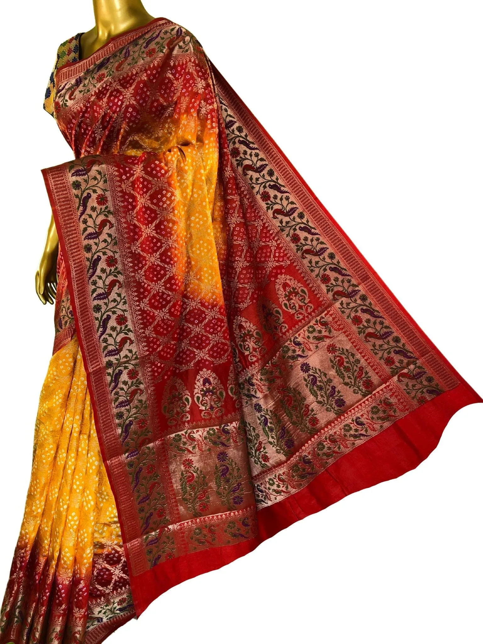 Turmeric Yellow and Red Color Dupion Silk with Paithani Design & Bandhej Work