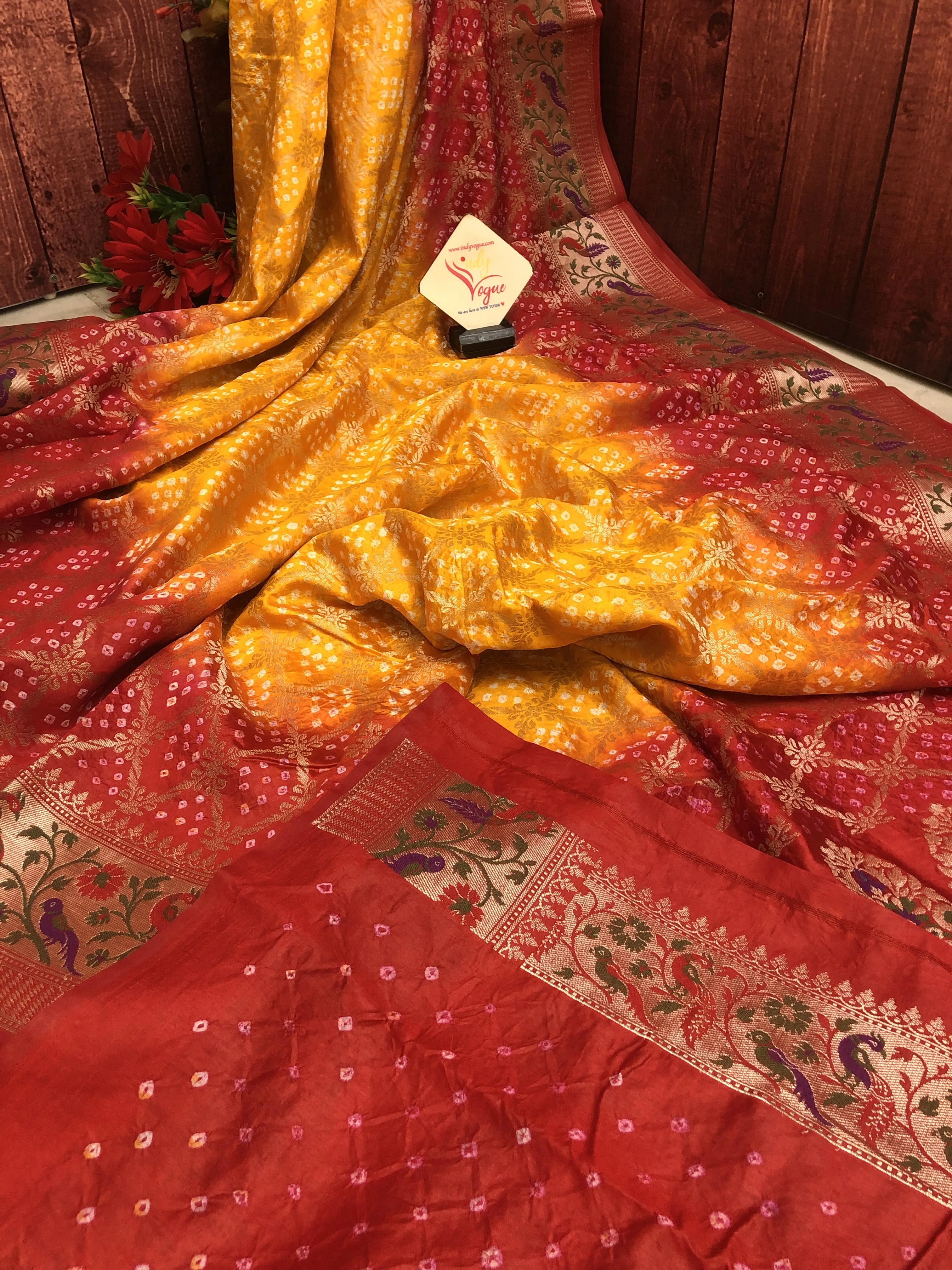 Turmeric Yellow and Red Color Dupion Silk with Paithani Design & Bandhej Work
