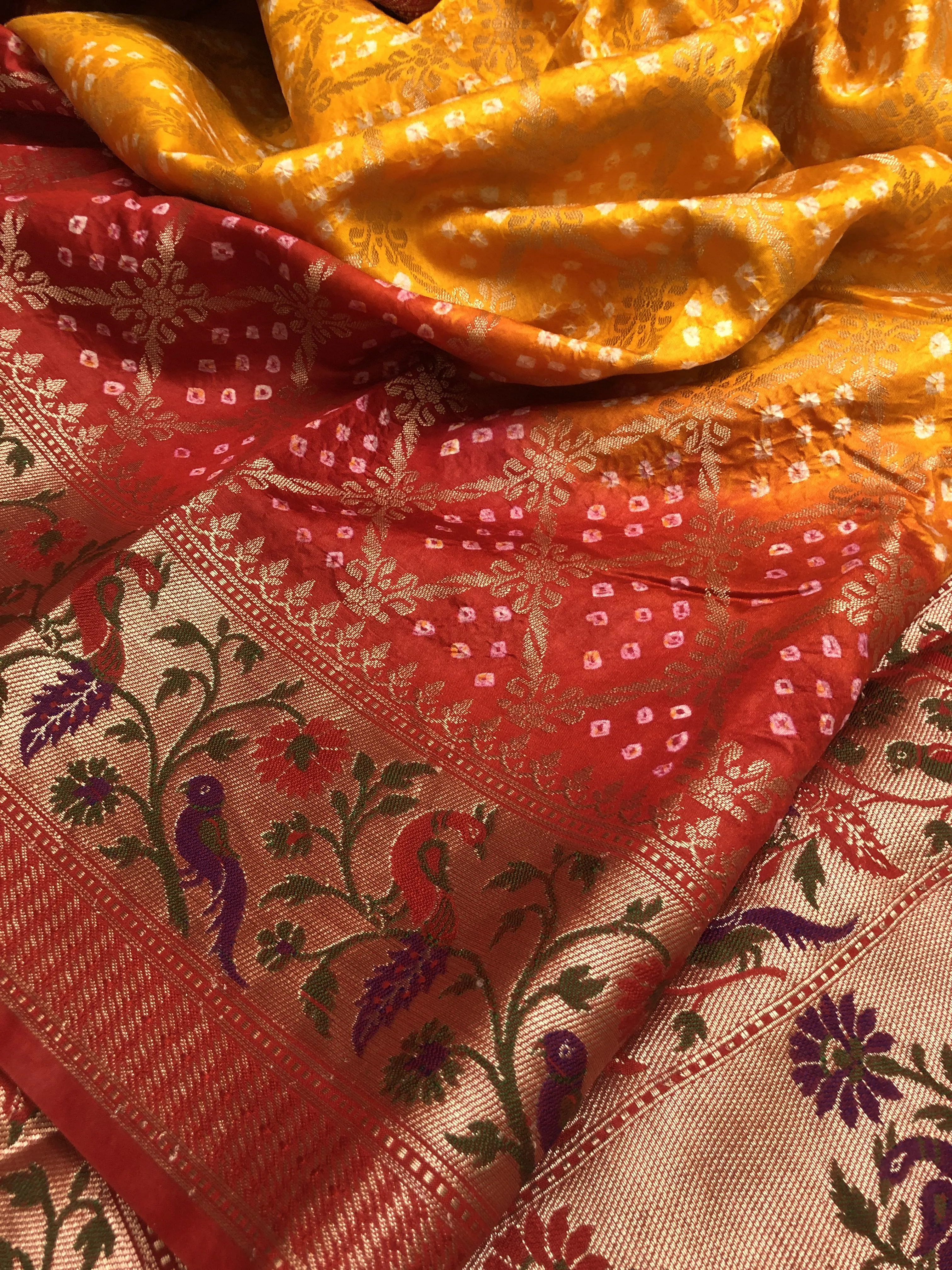Turmeric Yellow and Red Color Dupion Silk with Paithani Design & Bandhej Work