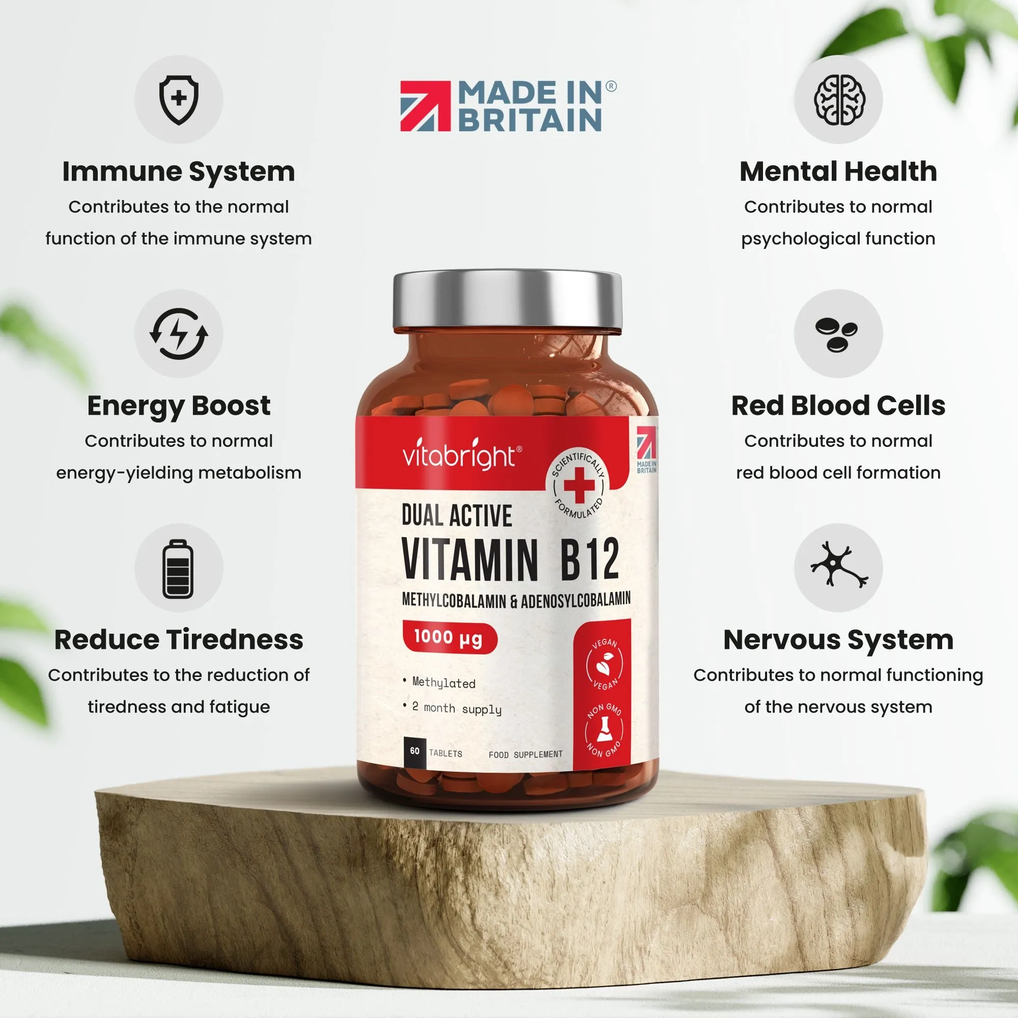 Vitamin B12 - 60 High Strength Vegan Tablets - 1000 μg - Dual Active