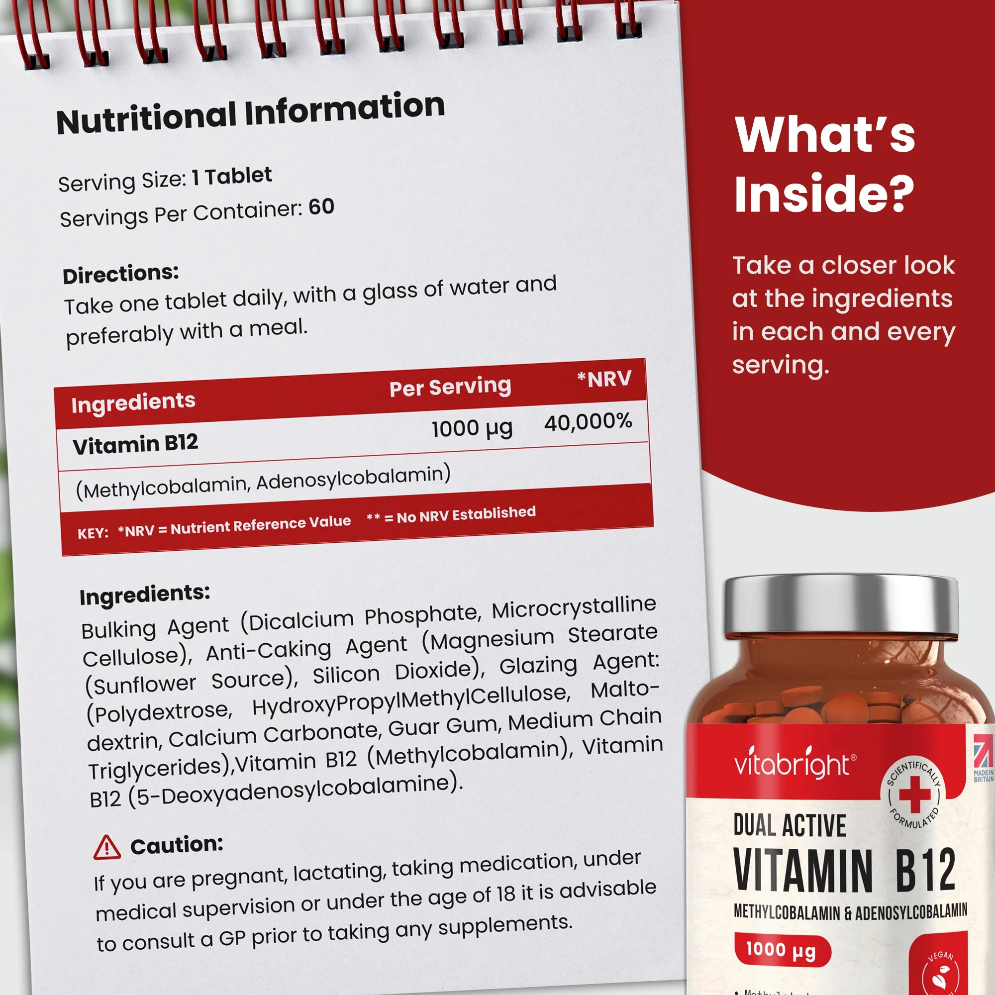 Vitamin B12 - 60 High Strength Vegan Tablets - 1000 μg - Dual Active