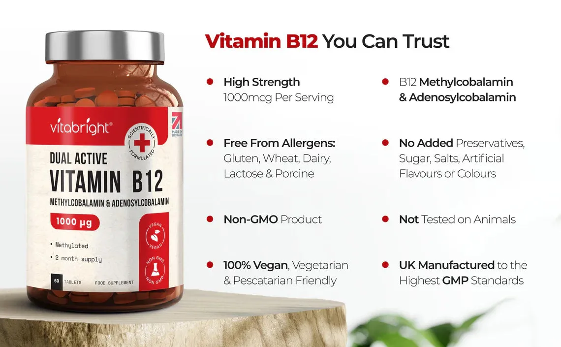 Vitamin B12 - 60 High Strength Vegan Tablets - 1000 μg - Dual Active