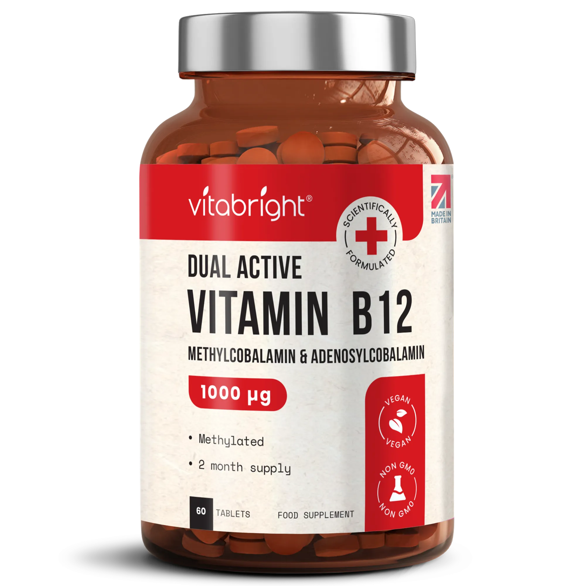 Vitamin B12 - 60 High Strength Vegan Tablets - 1000 μg - Dual Active