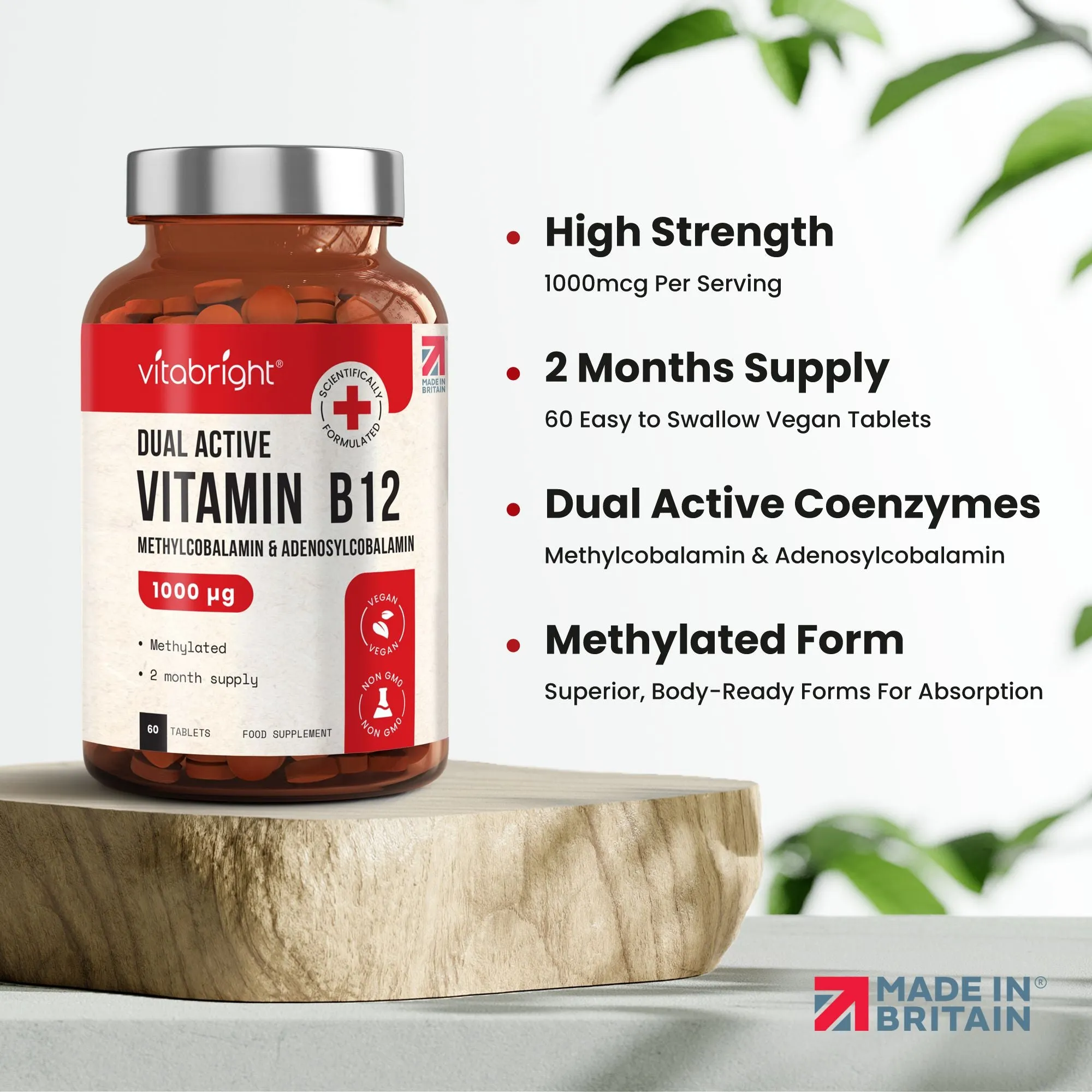 Vitamin B12 - 60 High Strength Vegan Tablets - 1000 μg - Dual Active