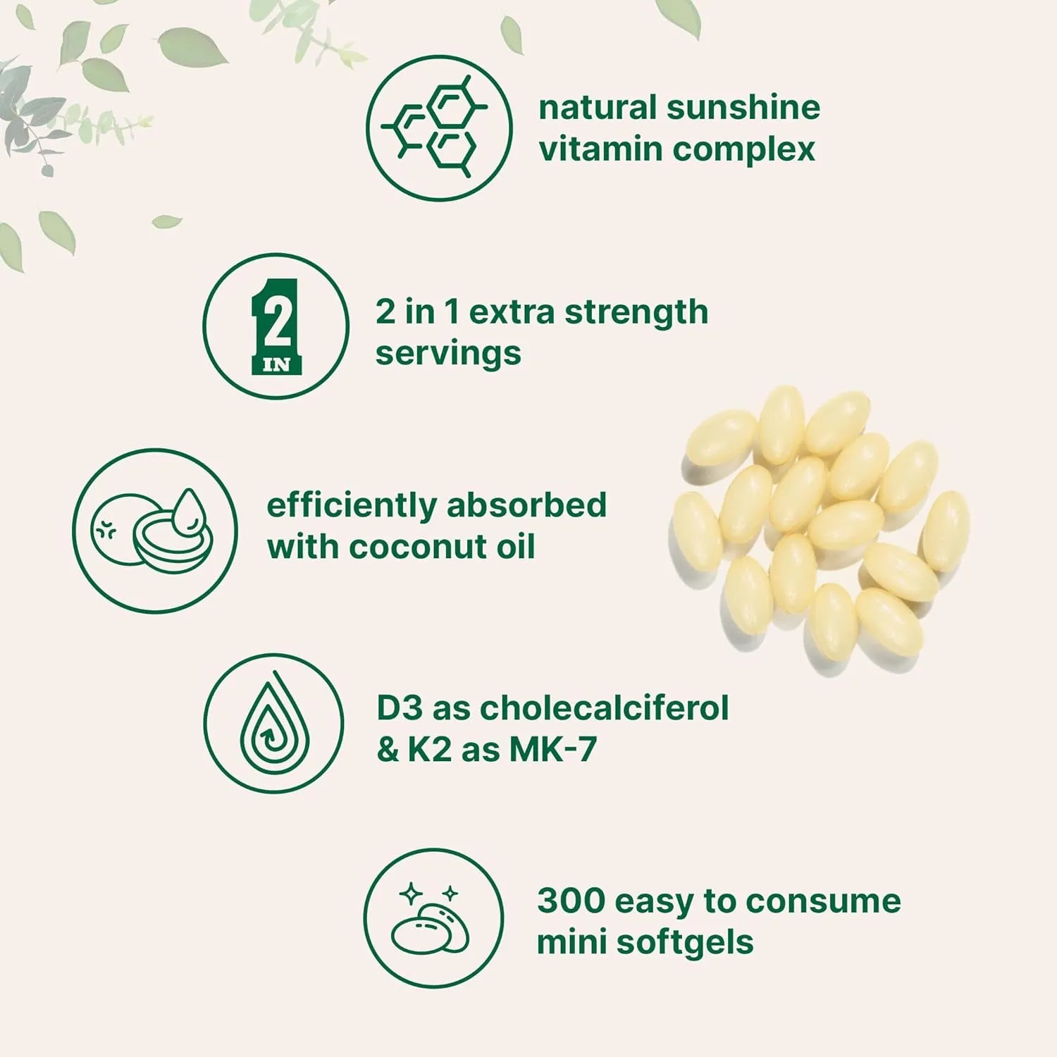 Vitamin D3 10000 iu Plus K2 (MK-7) 200 mcg, 300 Virgin Coconut Oil Softgels| 2 in 1 Vitamins D & K Complex | Supports Calcium Absorption, Bone, Immune, & Heart Health  Easy to Swallow