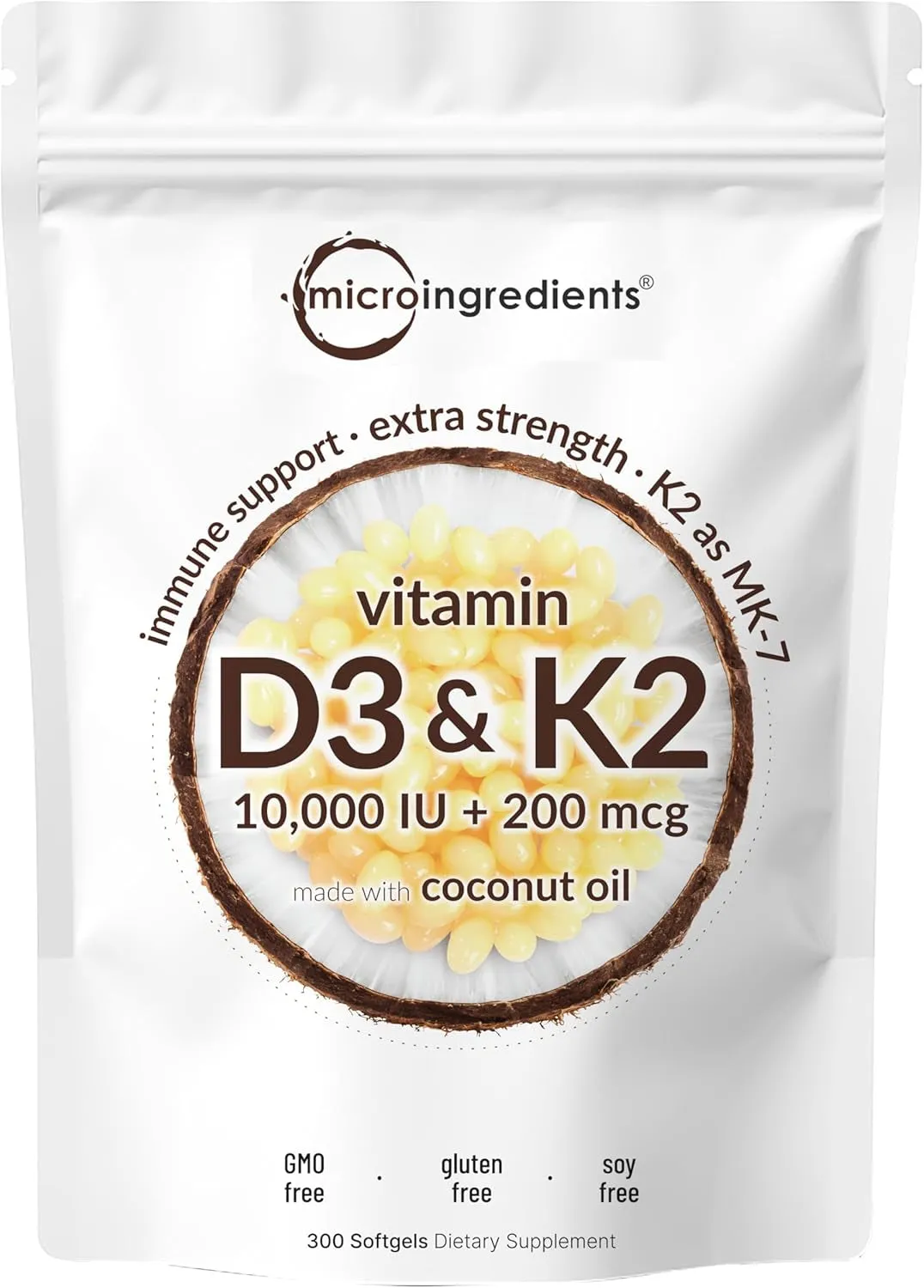 Vitamin D3 10000 iu Plus K2 (MK-7) 200 mcg, 300 Virgin Coconut Oil Softgels| 2 in 1 Vitamins D & K Complex | Supports Calcium Absorption, Bone, Immune, & Heart Health  Easy to Swallow